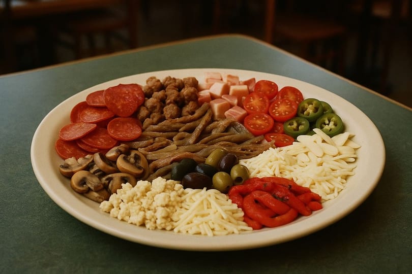 A plate of Scarr's Pizza toppings including pepperoni, sausage, ham, tomatoes, jalapeños, mushrooms, and cheeses.