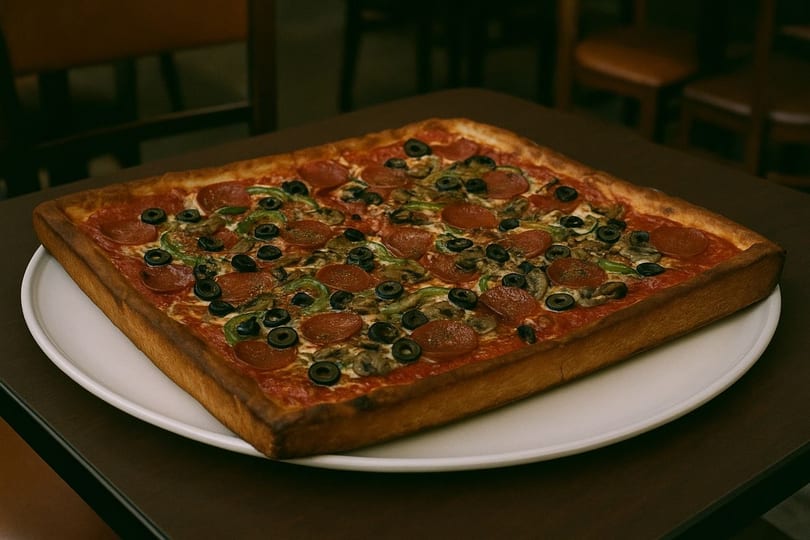 Square Scarr's Pizza with pepperoni, green peppers, black olives, and mushrooms on a white plate.