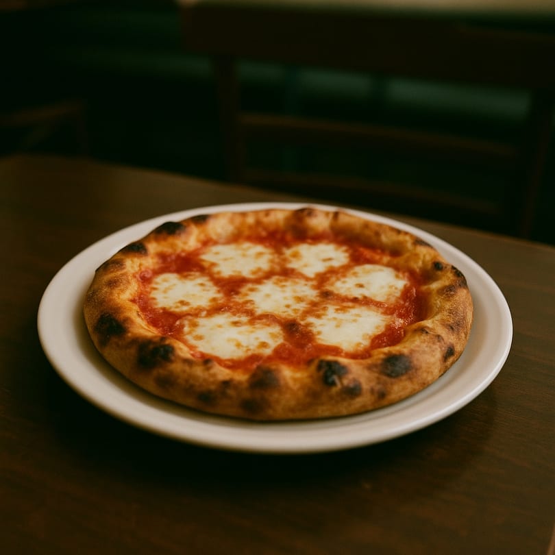 A small, round Scarr's Pizza with melted mozzarella and red sauce on a white plate.